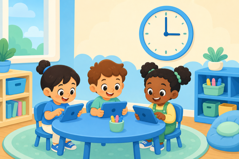 Illustration of three kids practicing on tablets in a classroom